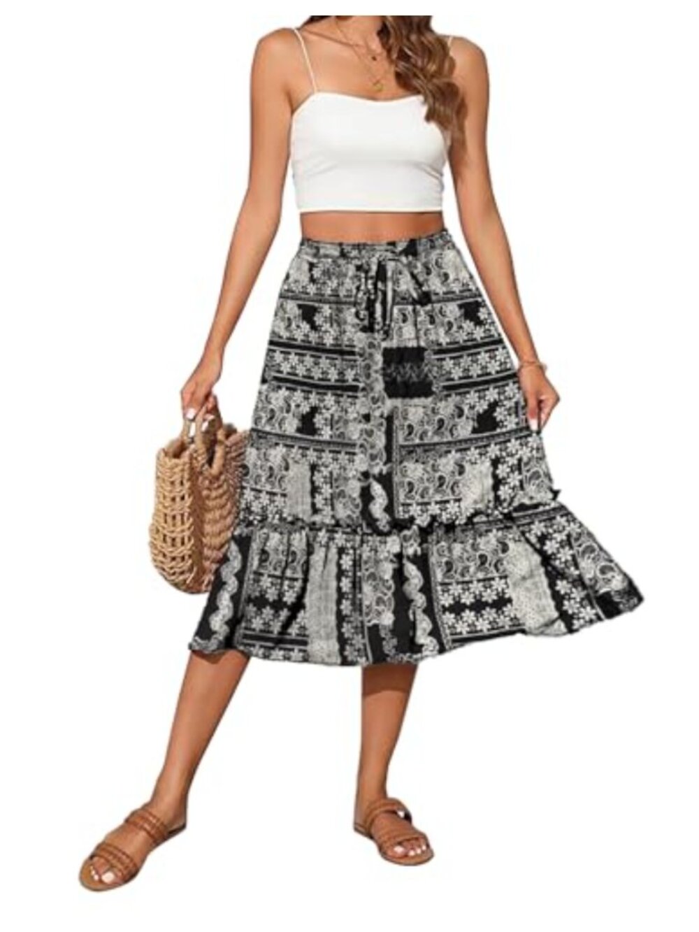 Boho Floral Midi Skirt High Waisted Pockets Flowy A-Line Women Casual Beach